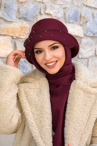 Bordo Taş Detay Vintage Şapka - Resim 3