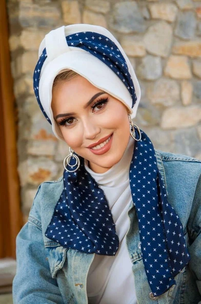Beyaz Lacivert Desen Fularlı Şapka Bone - Resim 2