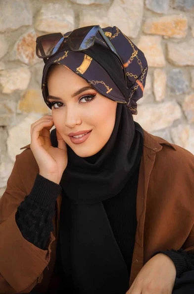 Siyah Gold Zincir  Desen Tesettür Şapka - Resim 2