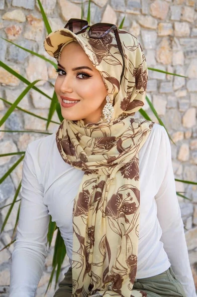 Uçuk Sarı kahve Desen Kepli Bandana Şapka Şal - 2