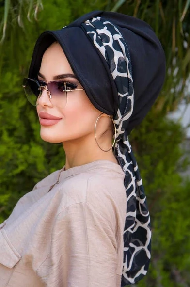 Siyah Mermer Desen Fularlı Şapka Bone - Resim 2