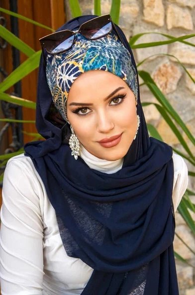 Lacivert Çiçek Desenli Bone Hazır Şal - Resim 2