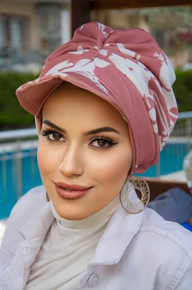 Koyu Pudra Beyaz Desen Bantlı Şapka Bone - Resim 2