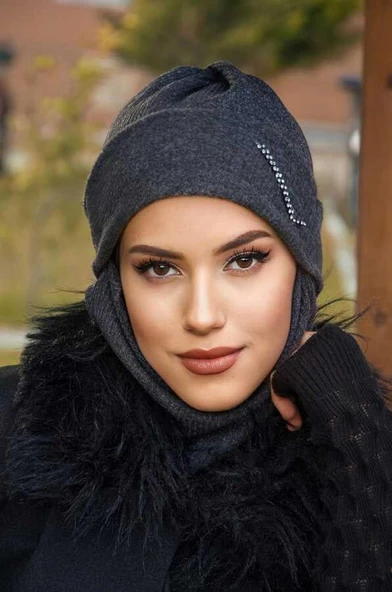 Antrasit Taşlı Maskeli Bere - Resim 2