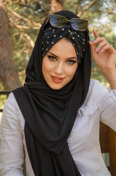 Siyah Beyaz Puan Desen Burgu Hazır  Şal - Resim 2