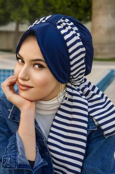 Lacivert Çizgili Desen Fularlı Şapka Bone - Resim 2