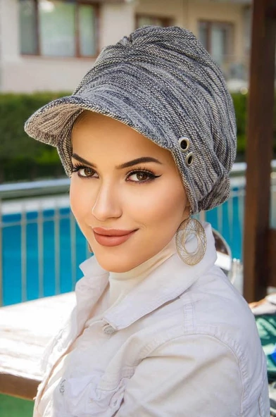 Kot Mavi Melanj Metal Detaylı Tesettür Şapka Bone ürün görseli