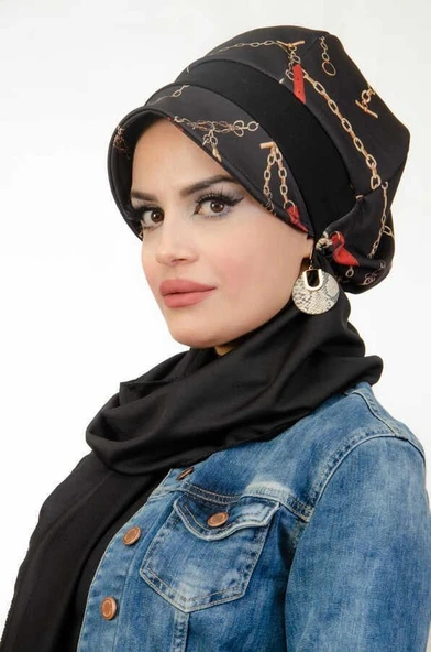 Siyah Zincir Desen Tesettür Şapka - Resim 3