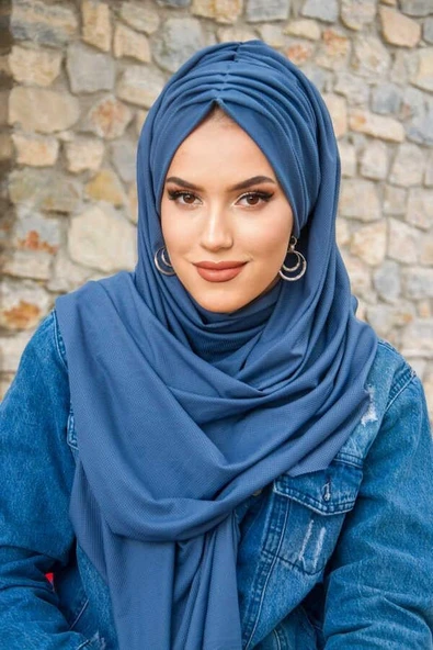 İndigo Büzgülü Hazır Şal - Resim 2