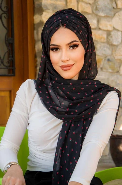 Siyah Çilek Desen Hazır Şal - Resim 3
