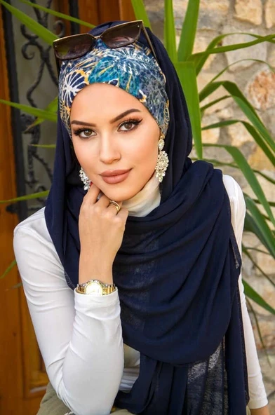 Lacivert Çiçek Desenli Bone Hazır Şal ürün görseli