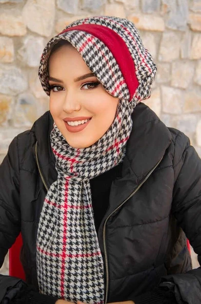 Kırmızı Siyah Kazayağı Desen Tesettür Şapka - 2