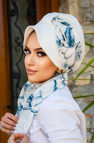 Beyaz Lacivert Yaprak Şapkalı Bone - Resim 3