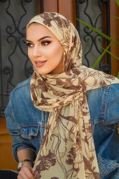 Uçuk Sarı Kahve Desenli Bone Hazır Şal - Resim 2