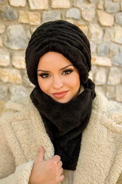 Siyah Kürk Büzgülü Bone Ve Etol Takım - Resim 4