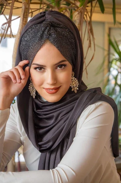 Füme Işıltılı Desen Burgu Hazır Şal - 3