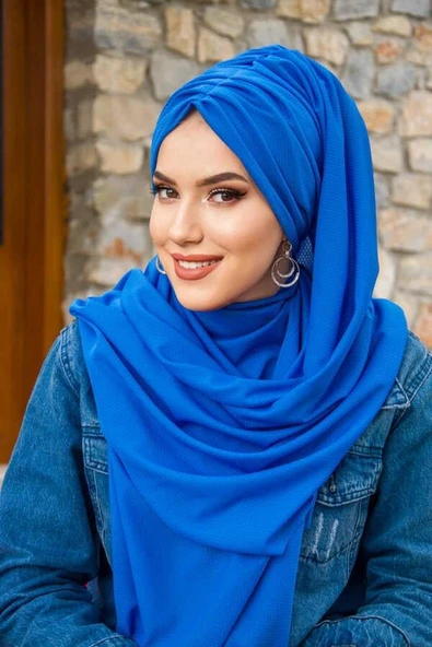 Saks Mavi Büzgülü Hazır Şal - Resim 4