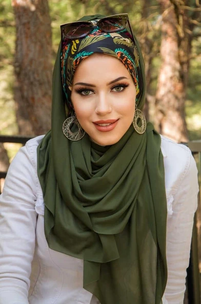 Haki Siyah Yaprak Desen Bone Hazır Şal - Resim 4