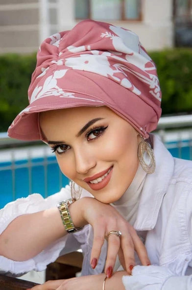 Koyu Pudra Beyaz Desen Bantlı Şapka Bone ürün görseli