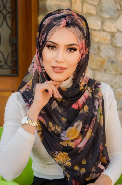 Siyah Çiçek Desen Hazır Şal - Resim 3
