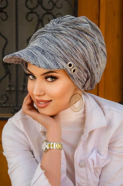 Kot Mavi Melanj Metal Detaylı Tesettür Şapka Bone - Resim 2
