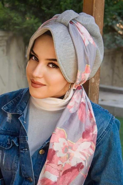 Gri Pudra Soft Dolgulu  Fularlı Şapka Bone ürün görseli