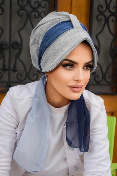 Gri Lacivert Batik Desen Batik Şapkalı Bone - Resim 2