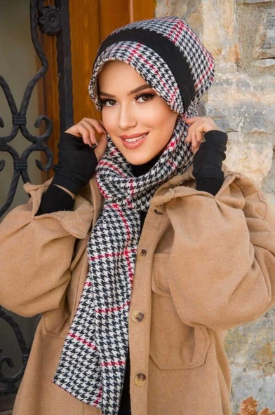 Siyah Kırmızı Detay Kazayağı Desen Tesettür Şapka ürün görseli