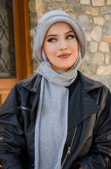 Gri Aksesuarlı Atkılı Vintage Şapka - Resim 2