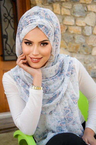 Beyaz Mavi Bahar Desen Hazır Şal ürün görseli