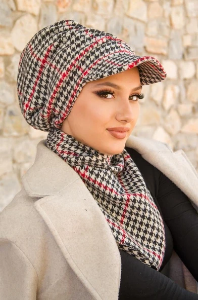 Kırmızı Kazayağı Büzgülü Tesettür Şapka - 2