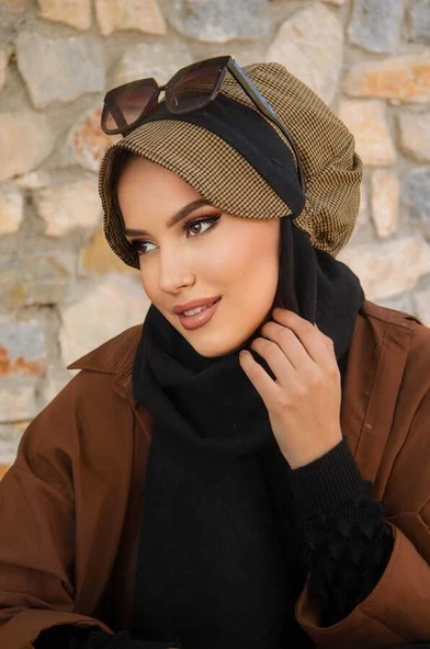 Hardal Siyah Kare Desen Tesettür Şapka - Resim 3