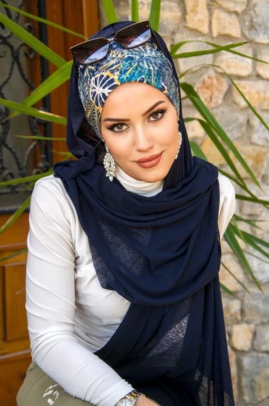 Lacivert Çiçek Desenli Bone Hazır Şal - Resim 3