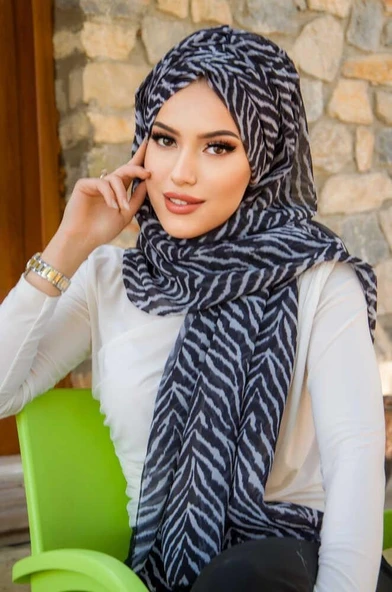 Siyah Gri Zebra Desen Hazır Şal - Resim 3