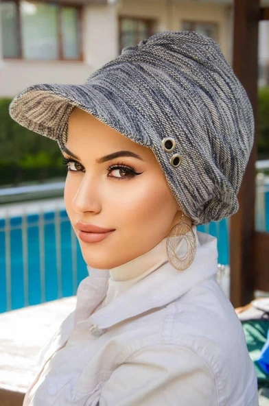 Kot Mavi Melanj Metal Detaylı Tesettür Şapka Bone - Resim 3