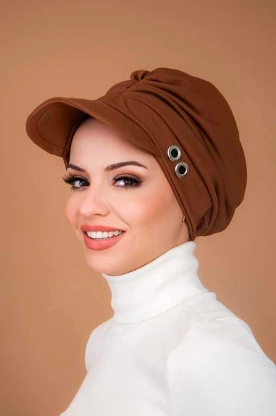 Karamel Metal Detaylı Tesettür Şapka Bone - Resim 2