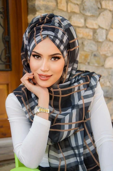 Siyah Bej Ekose Desen Hazır Şal ürün görseli