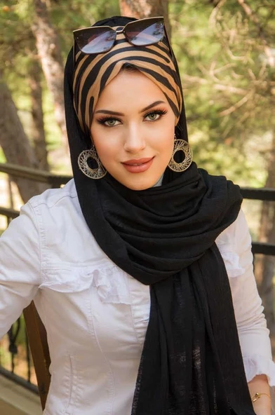 Siyah Gold Zebra Desen Bone Hazır Şal - Resim 2