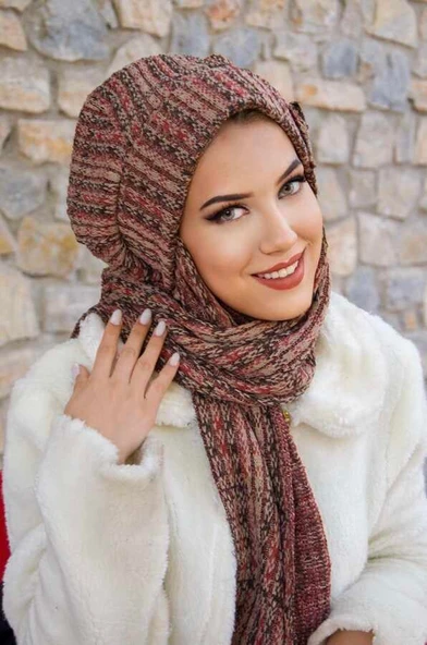 Kahve Desen Fiyonklu Tesettür Bere - Resim 3