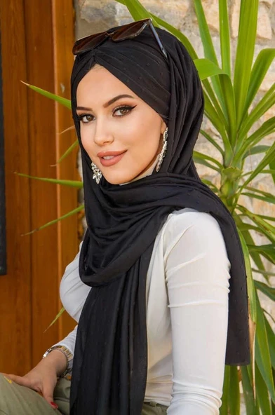 Siyah Ponpon Büzgülü Hazır Şal - Resim 2