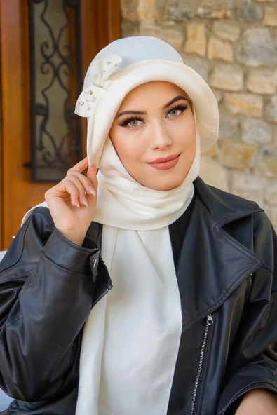 Kırık Beyaz Taşlı Aksesuarlı Vintage Şapka - Resim 2