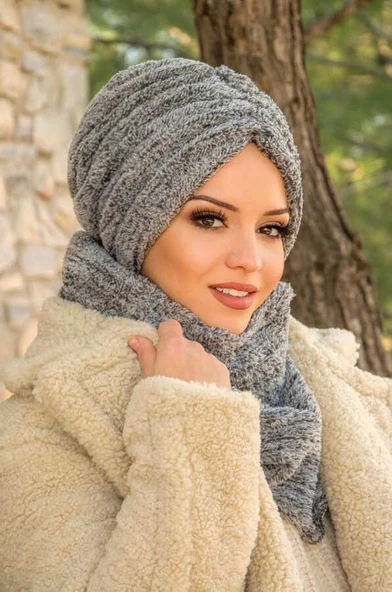 Gri Kürk Büzgülü Bone Ve Etol Takım - Resim 4