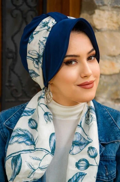 Lacivert Beyaz Yaprak Fularlı Şapka Bone - Resim 3
