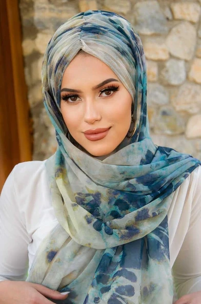 Lacivert Turkuaz Tonlamalı Hazır Şal - Resim 3