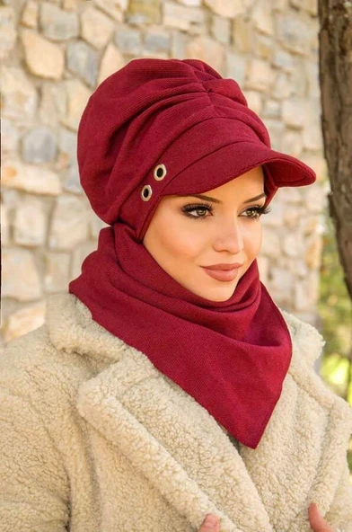 Bordo Metal Detaylı Büzgülü Tesettür Şapka Ve Etol Takım - Resim 3