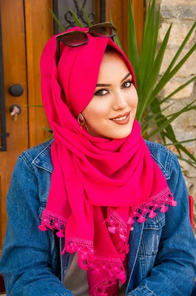 Fuşya Dantelli Şapka Şal - Resim 3