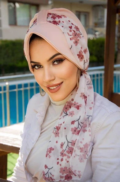 Pudra Çiçek Desen Fularlı Şapka Bone - Resim 2