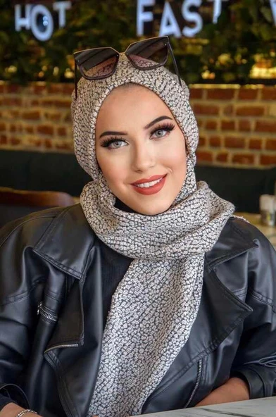 Gri Ekru Desen Tesettür Bere - Resim 3