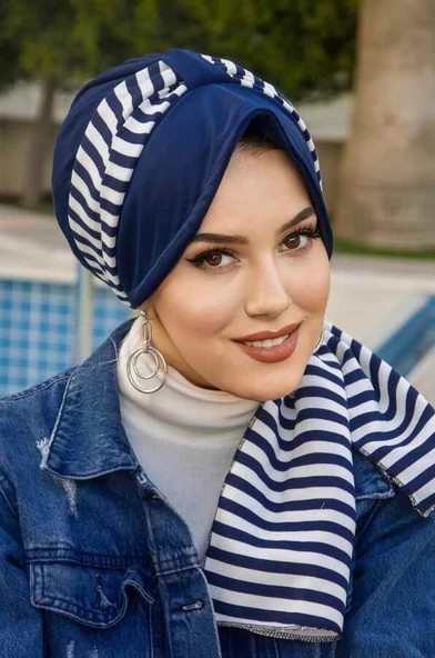 Lacivert Çizgili Desen Fularlı Şapka Bone - Resim 3