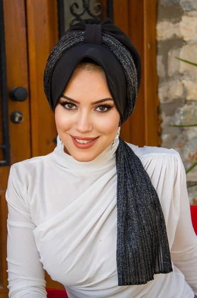 Siyah Pilise Fularlı Şapkalı Bone - Resim 2